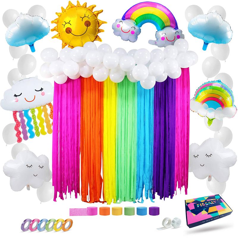 Foto van Fissaly® 79 stuks regenboog wolken decoratie set - feest versiering met ballonnen & slingers - feestdecoratie