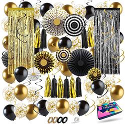 Foto van Fissaly® 68 stuks zwart & goud xl decoratie feestpakket versiering - gouden ballonnen & slingers - verjaardag feest