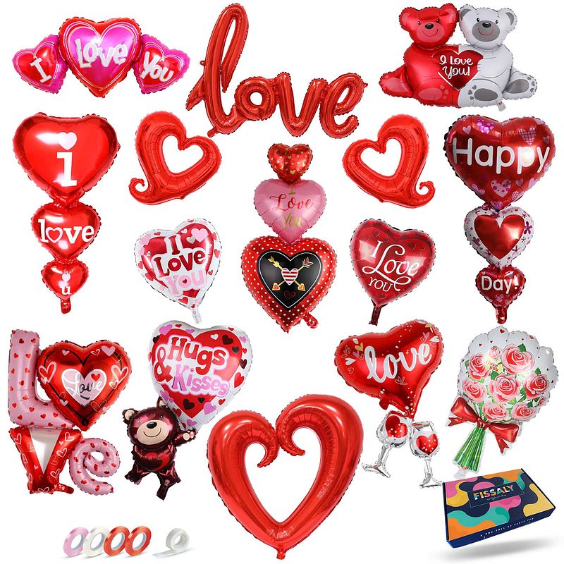Foto van Fissaly® 15 stuks liefde & hartjes folie ballonnen decoratie set - i love you versiering - rood - valentijn - moederdag