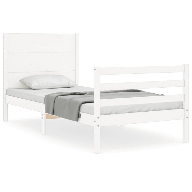 Foto van The living store bedframe - massief grenenhout - wit - 205.5 x 95.5 x 100 cm - multiplex lattenbodem