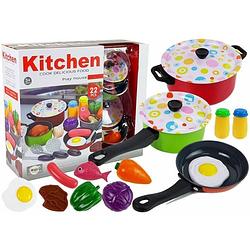 Foto van 22 delige speelgoed kookgerei set voor kinderkeuken - inclusief pannen en etenswaren - vanaf 3 jaar