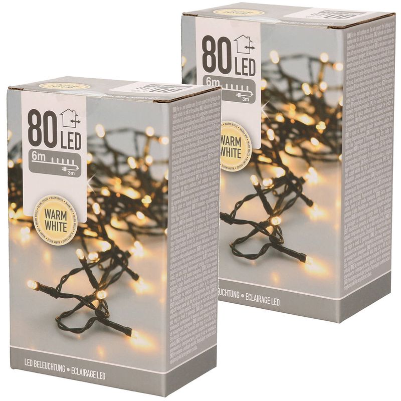 Foto van Set van 2x stuks kerstverlichting warm wit buiten 80 lampjes lichtsnoer 600 cm - kerstverlichting kerstboom