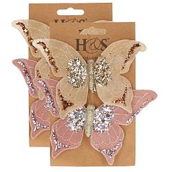 Foto van 4x stuks kunststof decoratie vlinders op clip roze en beige 10 x 15 cm - kunstbloemen