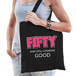 Foto van Fifty and still looking good verjaardag cadeau tas zwart met roze letters voor dames - verjaardag / - feest boodschappen