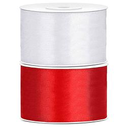 Foto van Set van 2 stuks sierlinten/cadeaulinten/satijnen linten wit en rood 38 mm x 25 meter - cadeaulinten