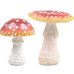 Foto van Decoratie paddenstoelen setje met 2x vliegenzwam paddenstoelen - herfst thema - tuinbeelden