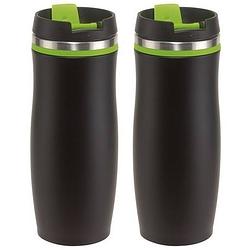 Foto van 2x dubbelwandige thermobekers zwart/groen 400 ml - thermosbeker