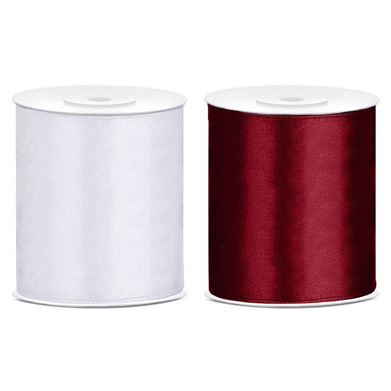 Foto van 2x rollen hobby decoratie satijnlint bordeaux rood-wit 10 cm x 25 meter - cadeaulinten