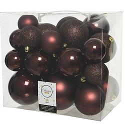 Foto van 26x stuks kunststof kerstballen mahonie bruin 6-8-10 cm glans/mat/glitter - kerstbal