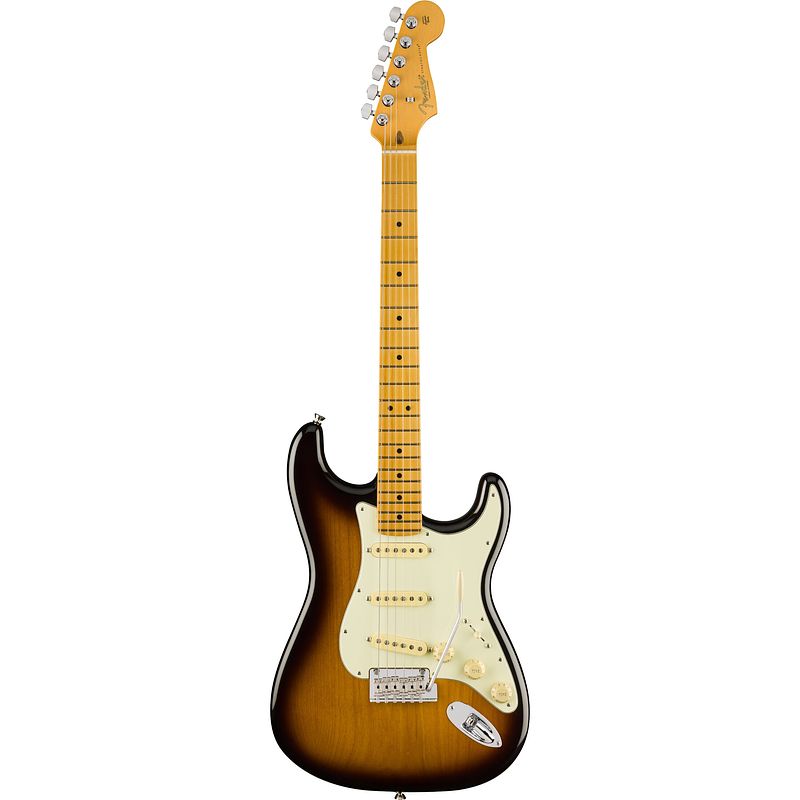 Foto van Fender 70th anniversary american professional ii stratocaster mn anniversary 2-color sunburst elektrische gitaar met koffer