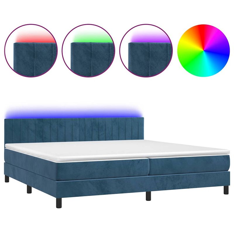 Foto van The living store boxspring donkerblauw fluweel - 203x200x78/88 cm - verstelbaar hoofdbord - kleurrijke led-verlichting