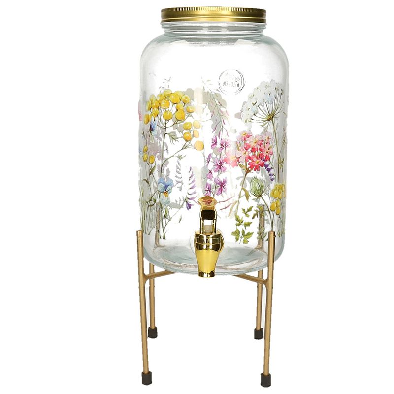 Foto van Limonade/drankdispenser op verhoger - 4 liter - glas - bloemenpatroon - h35 x b17 cm - drankdispensers