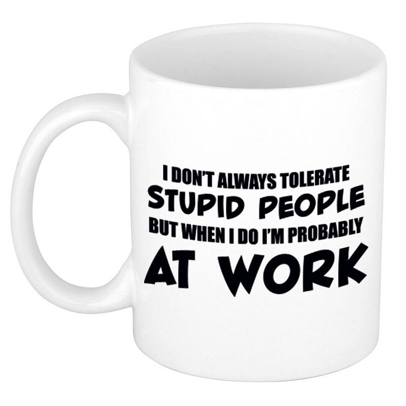 Foto van Tolerate stupid people at work cadeau mok / beker 300 ml - feest mokken