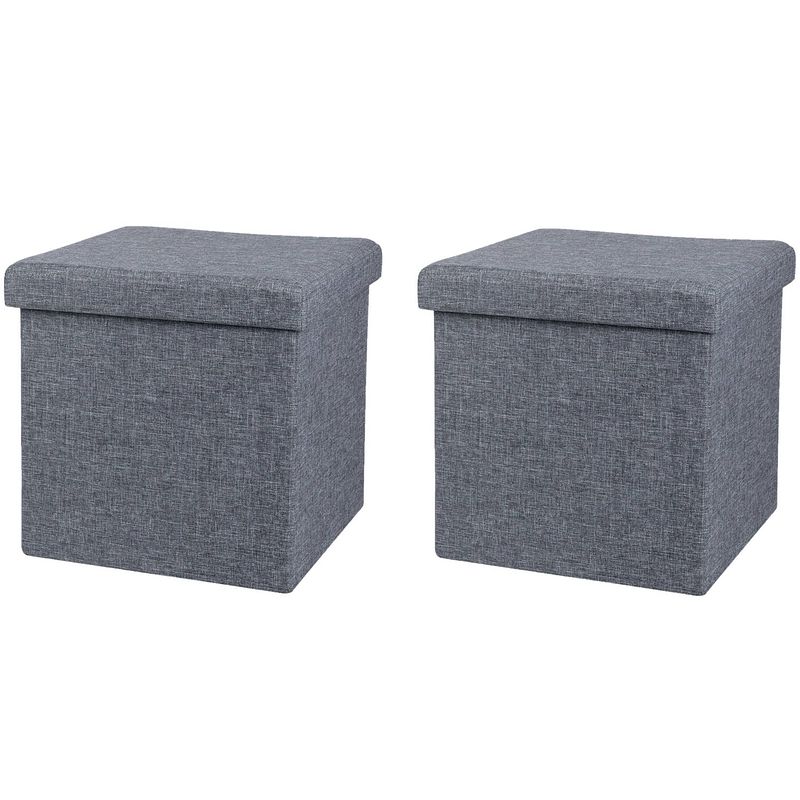 Foto van Urban living poef/hocker - 2x - opbergbox zit krukje - grijs - linnen/mdf - 37 x 37 cm - opvouwbaar - poefs