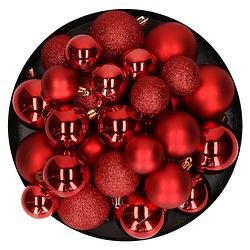 Foto van Kerstballen - 30x st - rood - 4, 5, 6 cm - kunststof - mat-glans-glitter - kerstbal