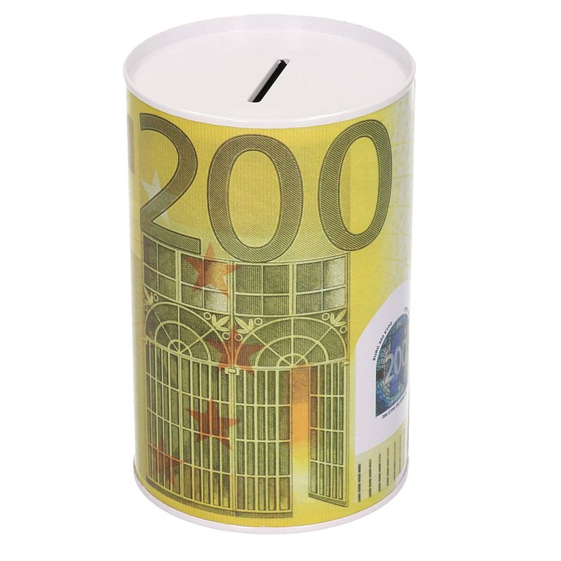 Foto van Spaarpot blik 200 euro biljet - geel - 8 x 11 cm - spaarpotten