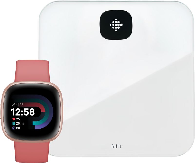 Foto van Fitbit versa 4 roze + fitbit aria air weegschaal wit