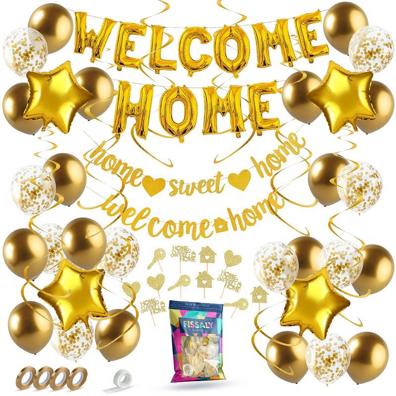Foto van Fissaly® welkom thuis gouden versiering - welcome home decoratie - suprise party - inclusief ballonnen & accessoires