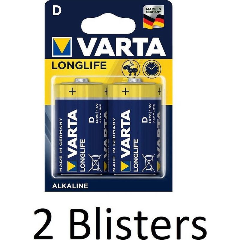 Foto van 4 stuks (2 blisters a 2 st) varta longlife alkaline d batterijen