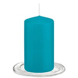 Foto van Trend candles - stompkaarsen met glazen onderzetters set van 2x stuks - turquoise blauw 6 x 12 cm - stompkaarsen