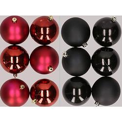 Foto van 12x stuks kunststof kerstballen mix van donkerrood en zwart 8 cm - kerstbal