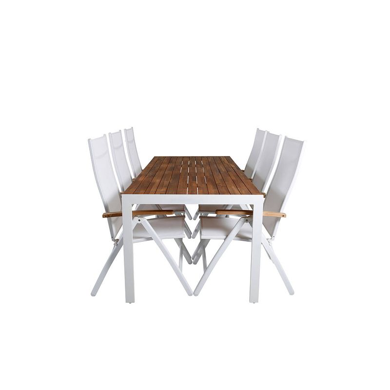 Foto van Bois tuinmeubelset tafel 90x205cm en 6 stoel panama wit, naturel.