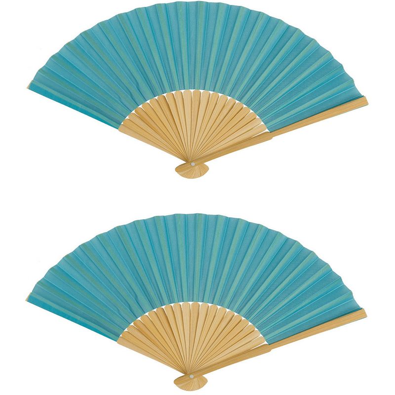 Foto van Spaanse handwaaier - 2x - special colours - turquoise blauw - bamboe/papier - 21 cm - verkleedattributen