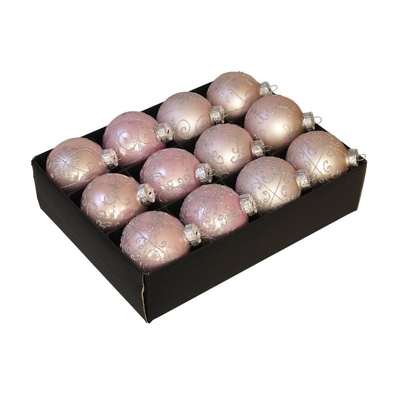 Foto van 12x luxe glazen gedecoreerde poeder roze kerstballen 7,5 cm - kerstbal