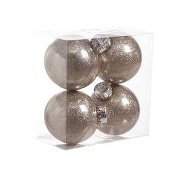 Foto van 4x stuks kunststof kerstballen met glitter afwerking champagne 8 cm - kerstbal
