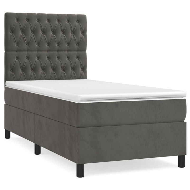 Foto van The living store boxspringbed donkergrijs - 193x90x118/128 cm - fluweel - verstelbaar hoofdbord - pocketvering matras -