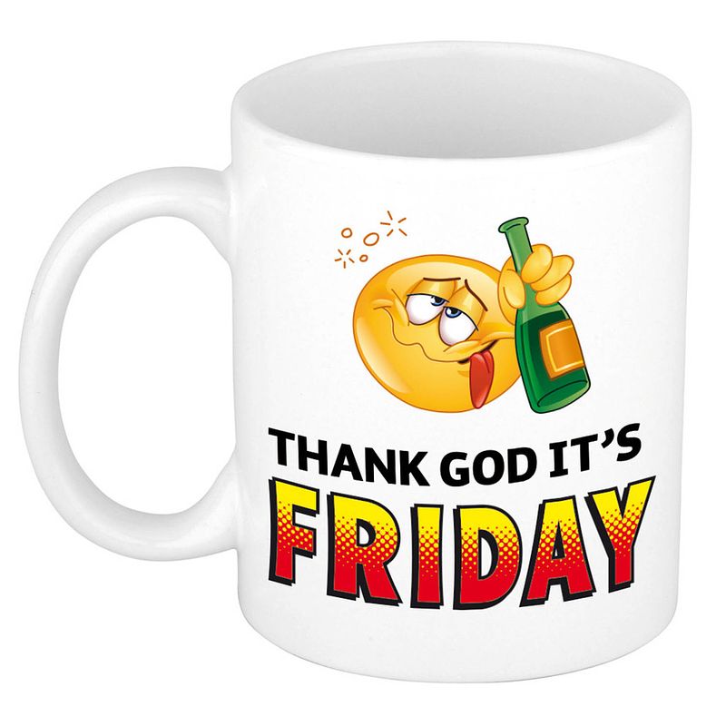 Foto van Thank god its friday kado mok / beker wit met smiley - cadeau collega - feest mokken