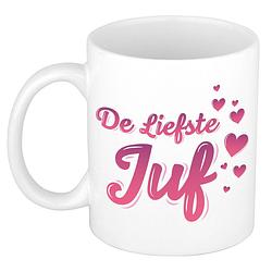 Foto van De liefste juf kado mok / beker wit met roze hartjes - verjaardagscadeau - feest mokken