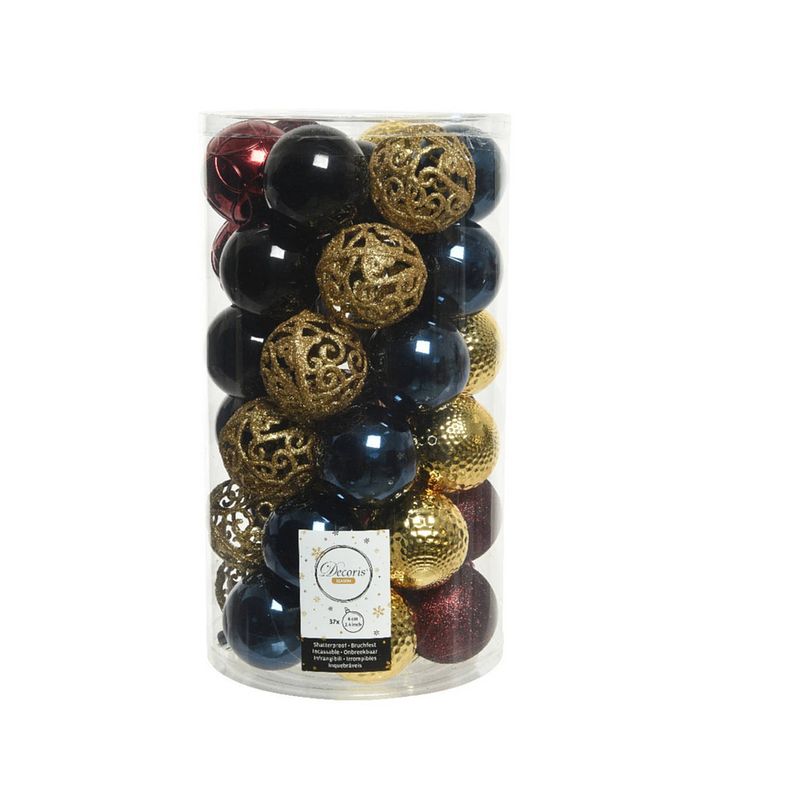 Foto van 37x stuks kunststof kerstballen donkerrood/goud/donkerblauw/zwart mix 6 cm - kerstbal