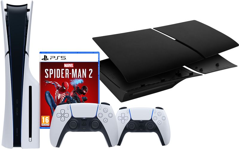 Foto van Playstation 5 slim disc edition + spider-man 2 + covers zwart + extra controller wit