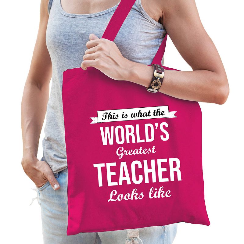 Foto van Worlds greatest teacher lerares cadeau tas roze voor dames - feest boodschappentassen