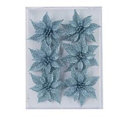 Foto van 6x stuks decoratie bloemen rozen ijsblauw glitter op ijzerdraad 8 cm - kersthangers