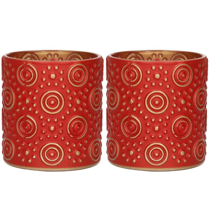 Foto van 2x stuks luxe theelichthouder/kaarsenhouder - rood/goud - glas - d7 x h8 cm - windlichten