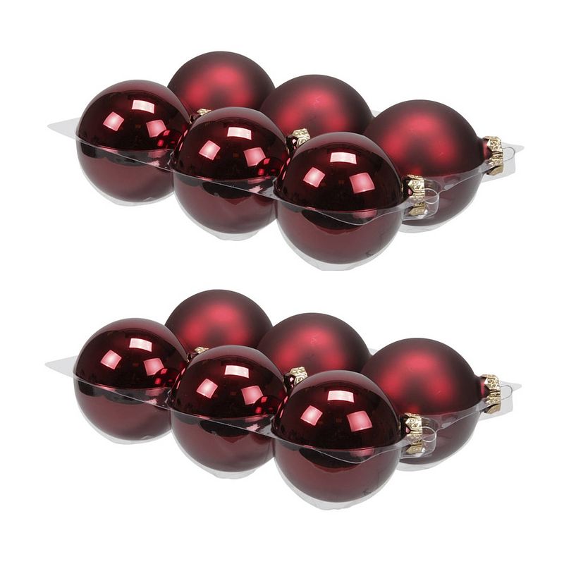 Foto van 12x stuks glazen kerstballen donkerrood 8 cm mat/glans - kerstbal