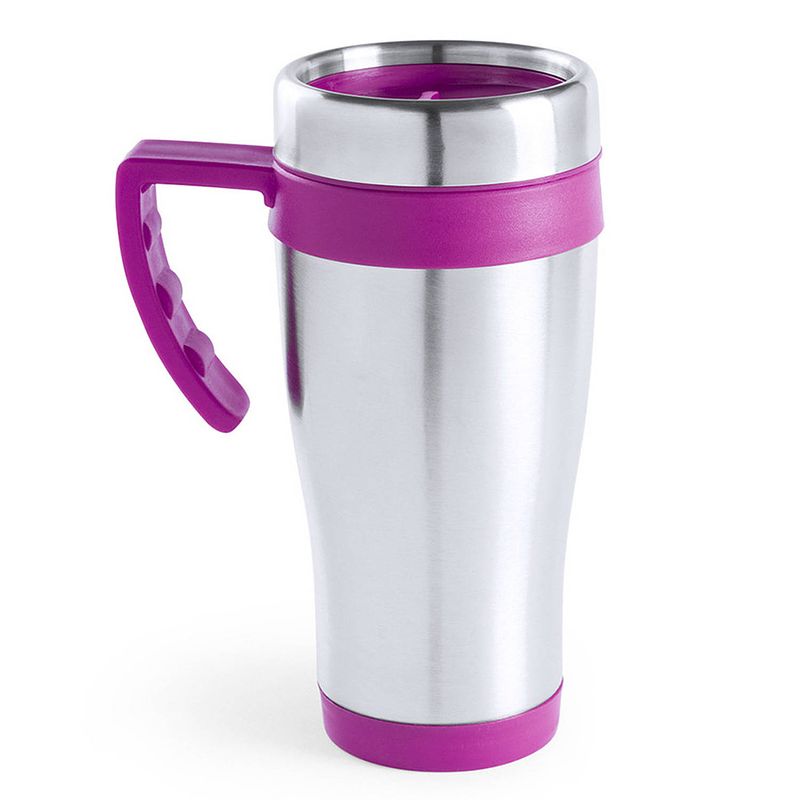 Foto van Warmhoudbeker/thermos isoleer koffiebeker/mok - rvs - zilver/roze - 450 ml - thermosbeker