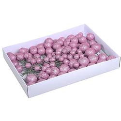 Foto van 100x roze glitter mini kerstballen stekers kunststof 2/3/4 cm - kerststukjes