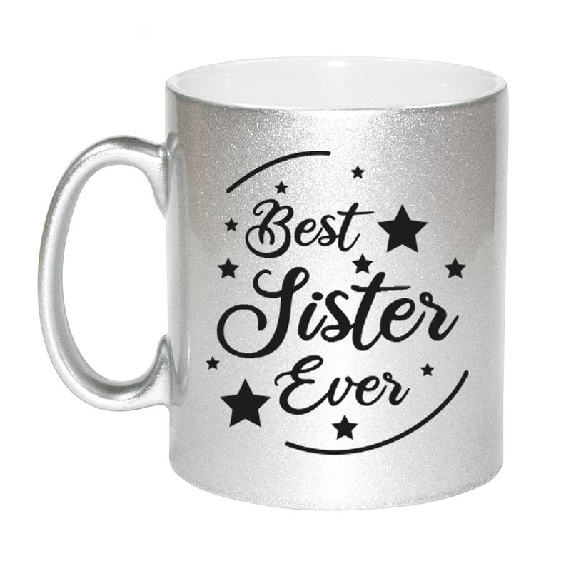 Foto van Zilveren best sister ever cadeau koffiemok / theebeker 330 ml - feest mokken