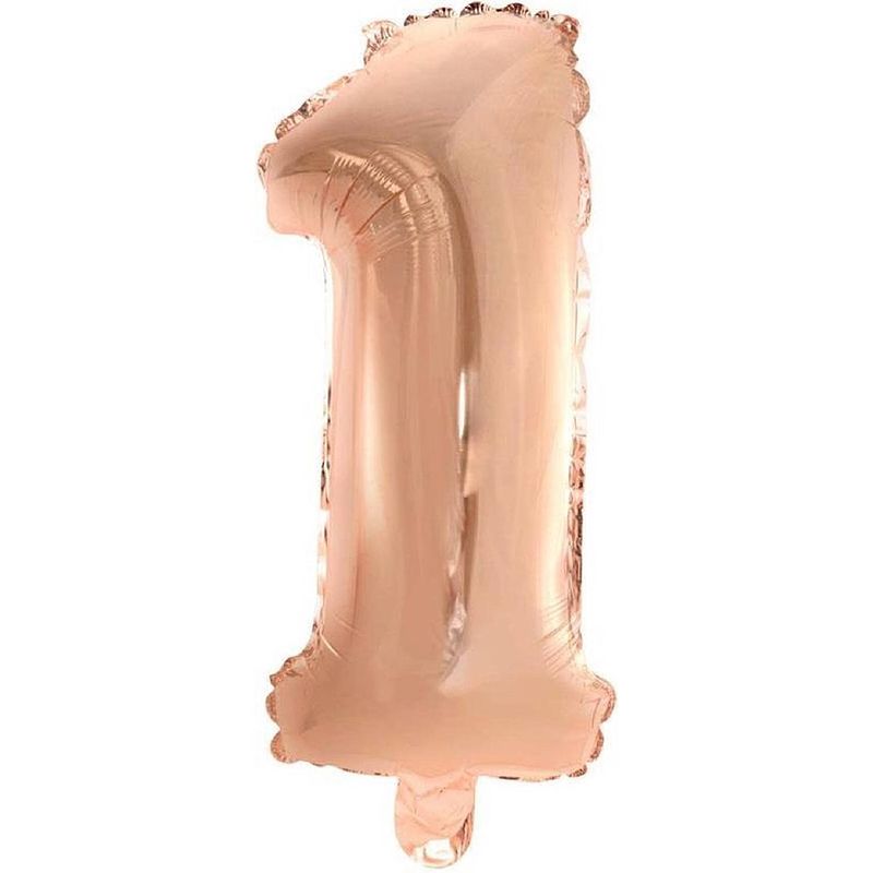 Foto van Folie ballon cijfer 1 rosé goud 41 cm met rietje