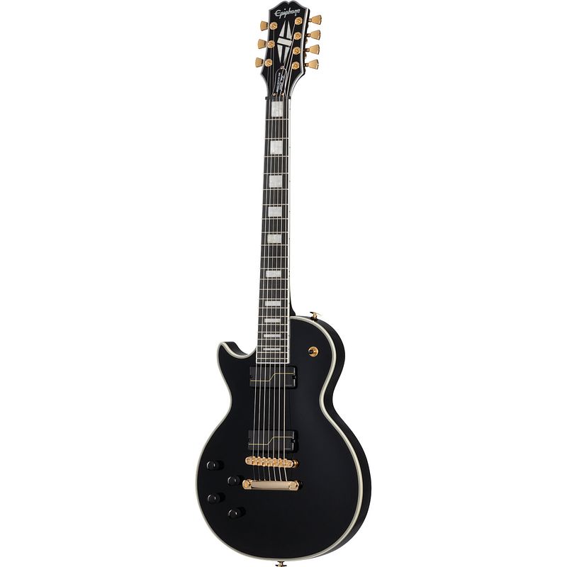 Foto van Epiphone matt heafy origins les paul custom 7-string lh ebony linkshandige 7-snarige elektrische gitaar met koffer