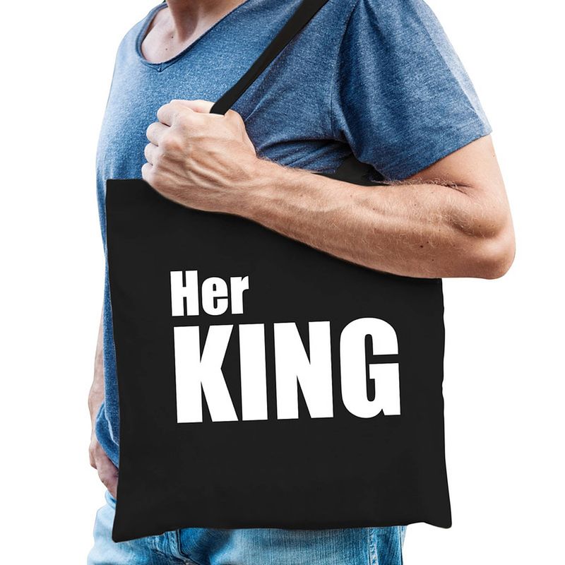 Foto van Her king tas / shopper zwart katoen met witte tekst voor heren - feest boodschappentassen