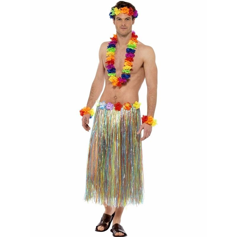 Foto van 3x stuks gekleurde regenboog hawaii verkleedset - verkleedkransen