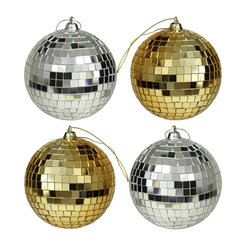 Foto van Kerstballen disco - 4x st - goud en zilver - 10 cm - kunststof - kerstbal