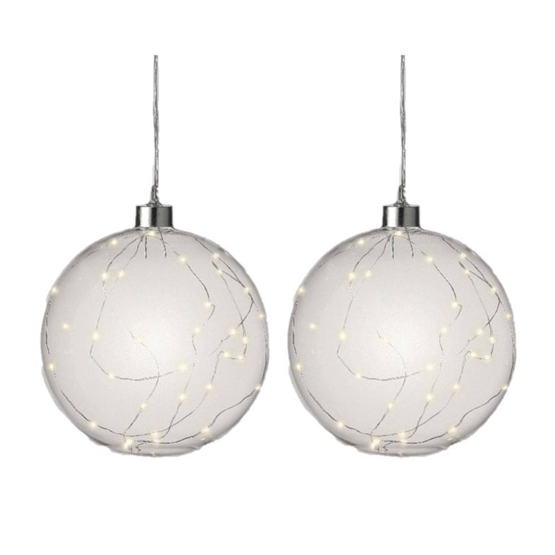 Foto van 2x stuks verlichte glazen kerstballen met 30 lampjes zilver/warm wit 15 cm - kerstverlichting figuur