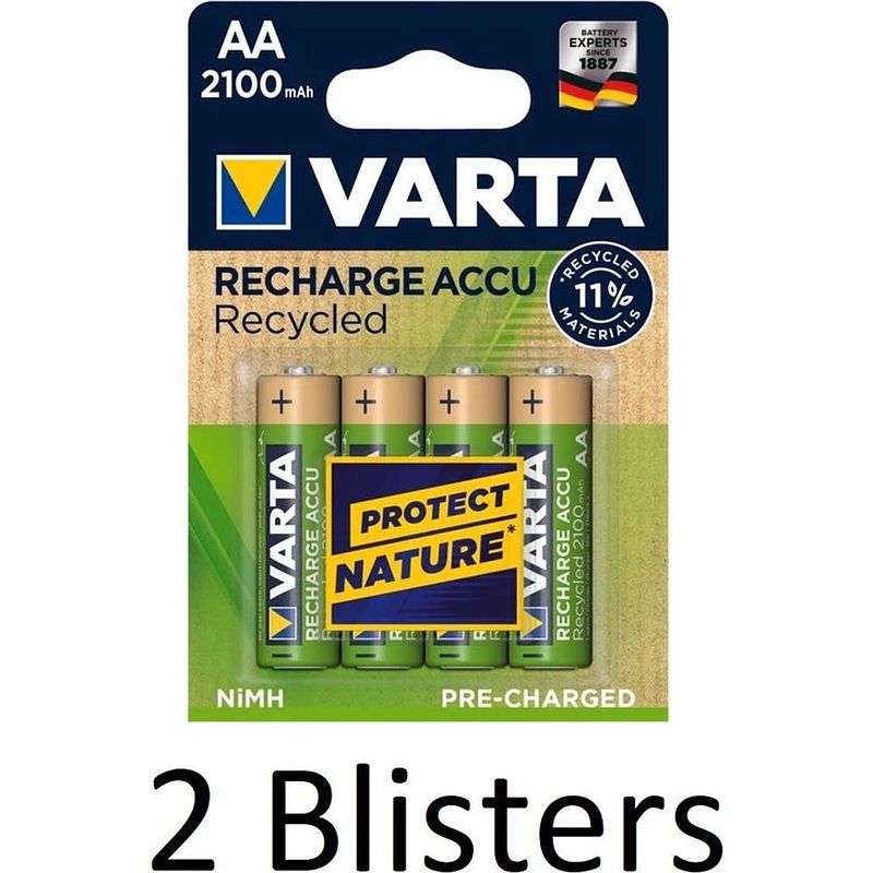 Foto van 8 stuks (2 blisters a 4 st) varta recharge accu recycled aa oplaadbare batterijen 2100 mah