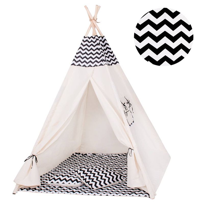 Foto van Tipi tent wigwam speeltent 120x100x180 cm met mat en kussens naturel zwart golven