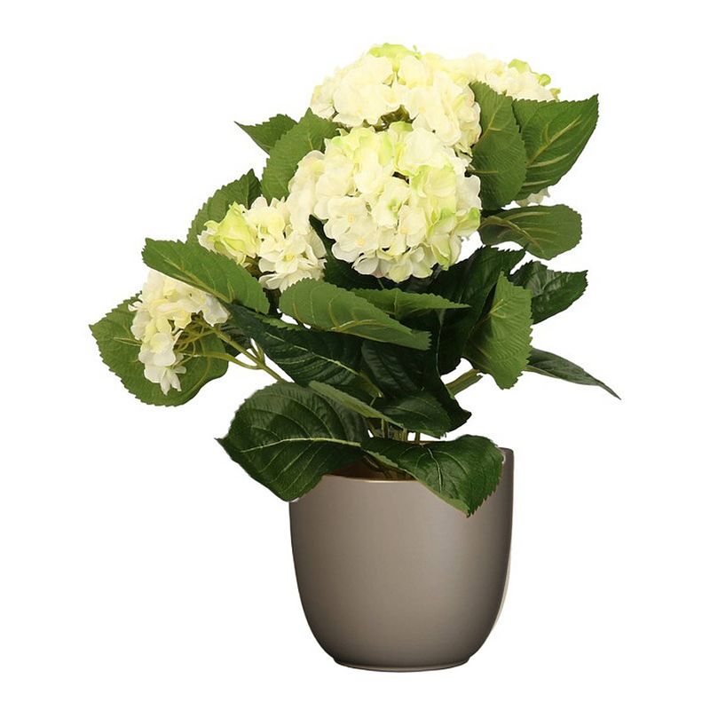 Foto van Hortensia kunstplant/kunstbloemen 36 cm - wit/groen - in pot taupe mat - kunstplanten